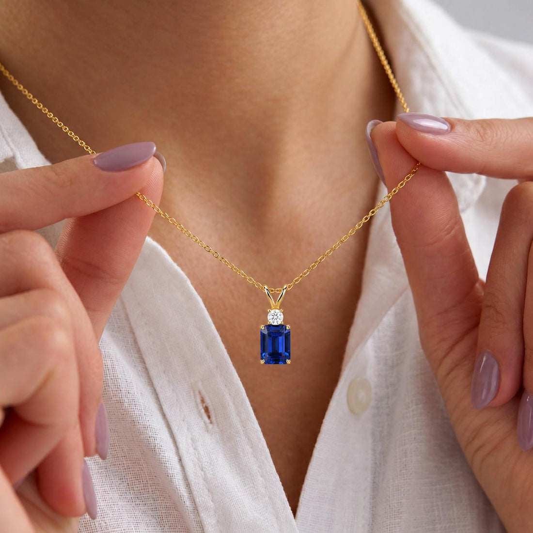 Lab Created Blue Sapphire Necklace, Emerald Cut Sapphire Pendant, Art Deco September Birthstone Necklace, 925 Sterling Silver, Gift for Her