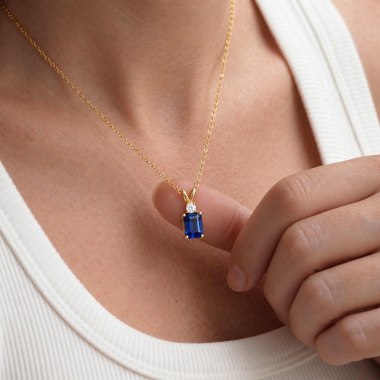 Lab Created Blue Sapphire Necklace, Emerald Cut Sapphire Pendant, Art Deco September Birthstone Necklace, 925 Sterling Silver, Gift for Her