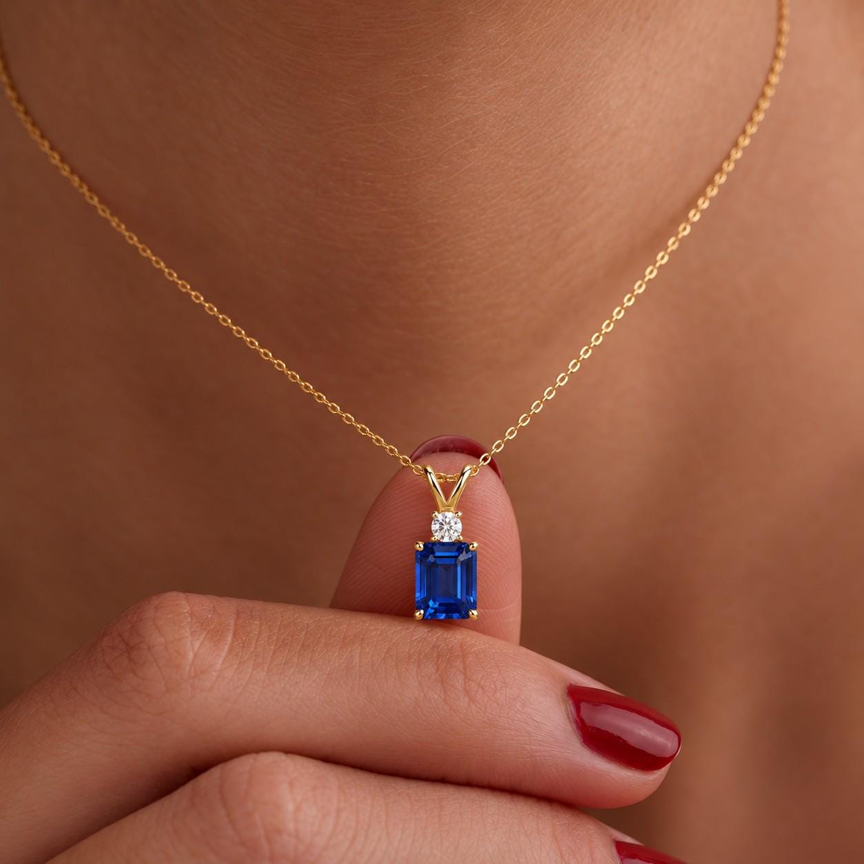 Lab Created Blue Sapphire Necklace, Emerald Cut Sapphire Pendant, Art Deco September Birthstone Necklace, 925 Sterling Silver, Gift for Her