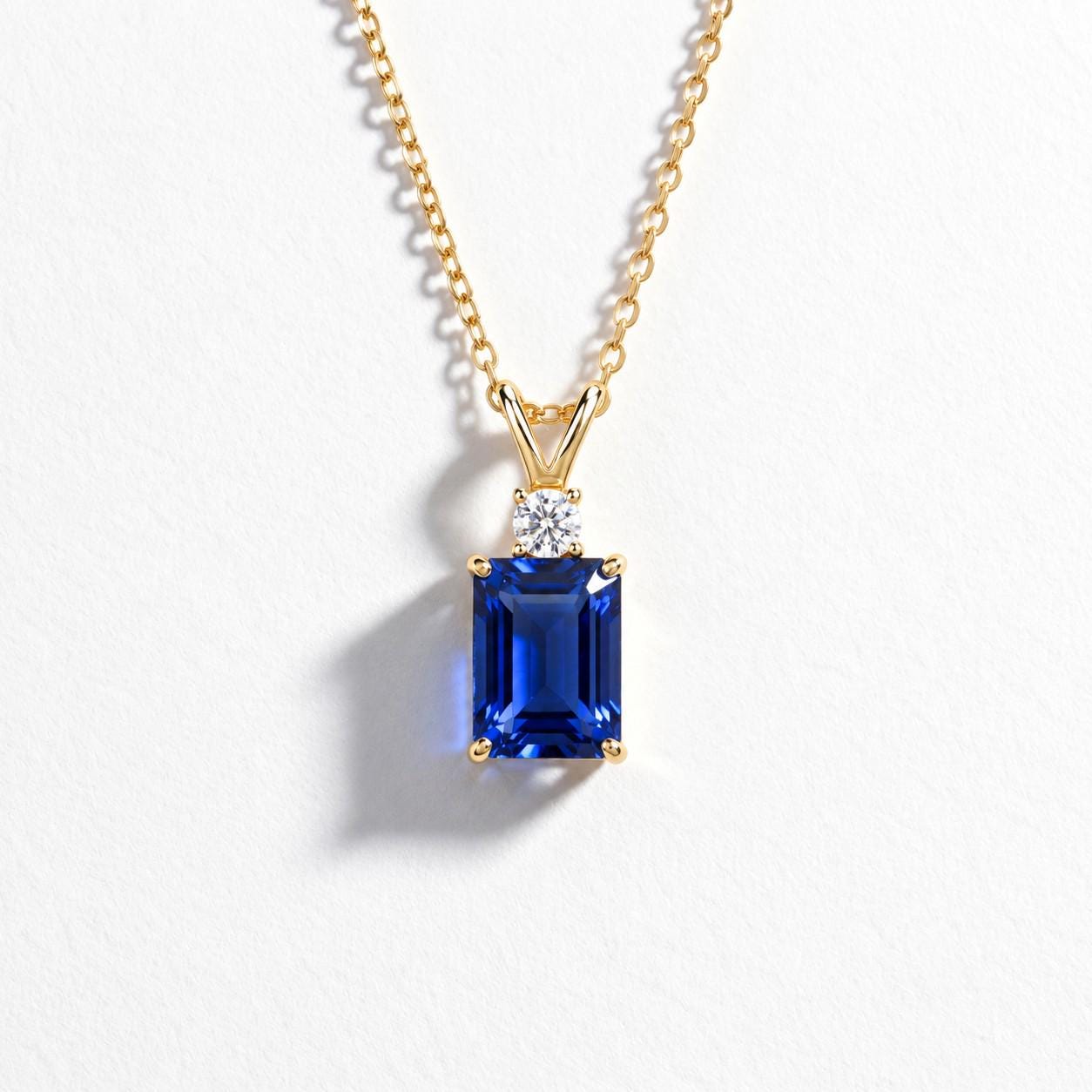 Lab Created Blue Sapphire Necklace, Emerald Cut Sapphire Pendant, Art Deco September Birthstone Necklace, 925 Sterling Silver, Gift for Her