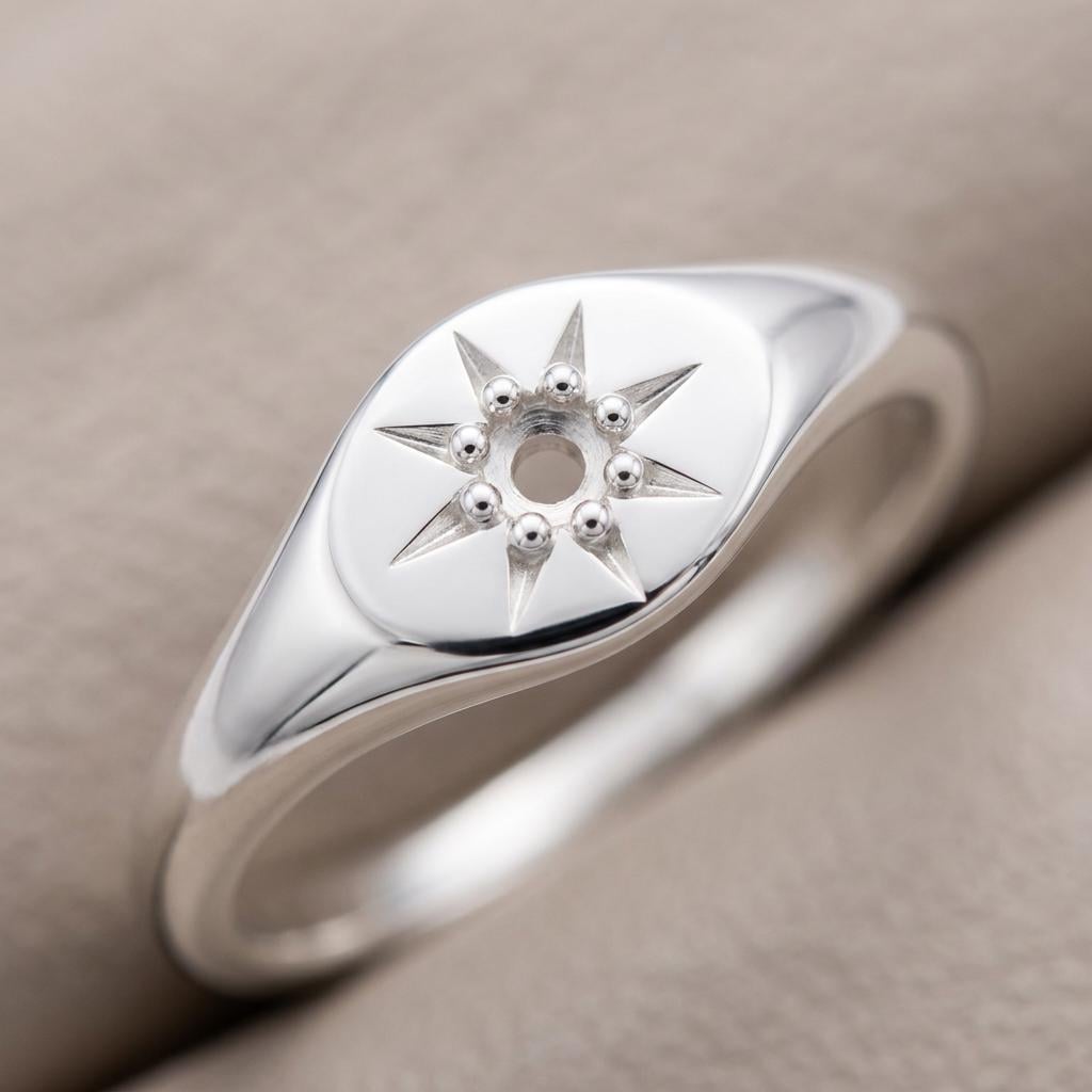 925 Sterling Silver Starburst Signet Ring Mount 1.8mm, 8 Bead Star Setting, Dainty Round Semi Mount for Jewelry Making