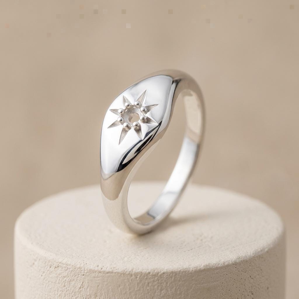 925 Sterling Silver Starburst Signet Ring Mount 1.8mm, 8 Bead Star Setting, Dainty Round Semi Mount for Jewelry Making