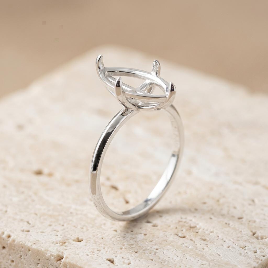 Empty Marquise Ring Setting 10x5 to 13x6.5mm, Blank 925 Silver Knife Edge Mount with 4 Horn Claws for Custom Ring, Setting Only