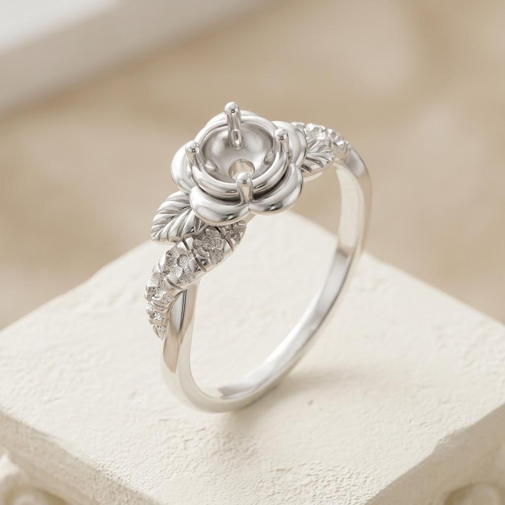 Round Semi Mount Ring Setting 3mm, 925 Sterling Silver Flower Leaf Ring Mount, 4 Prong Empty Ring Setting for DIY