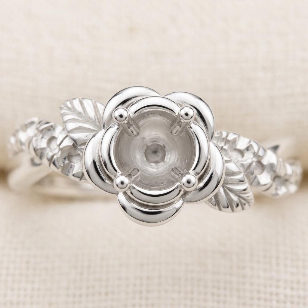 Round Semi Mount Ring Setting 3mm, 925 Sterling Silver Flower Leaf Ring Mount, 4 Prong Empty Ring Setting for DIY