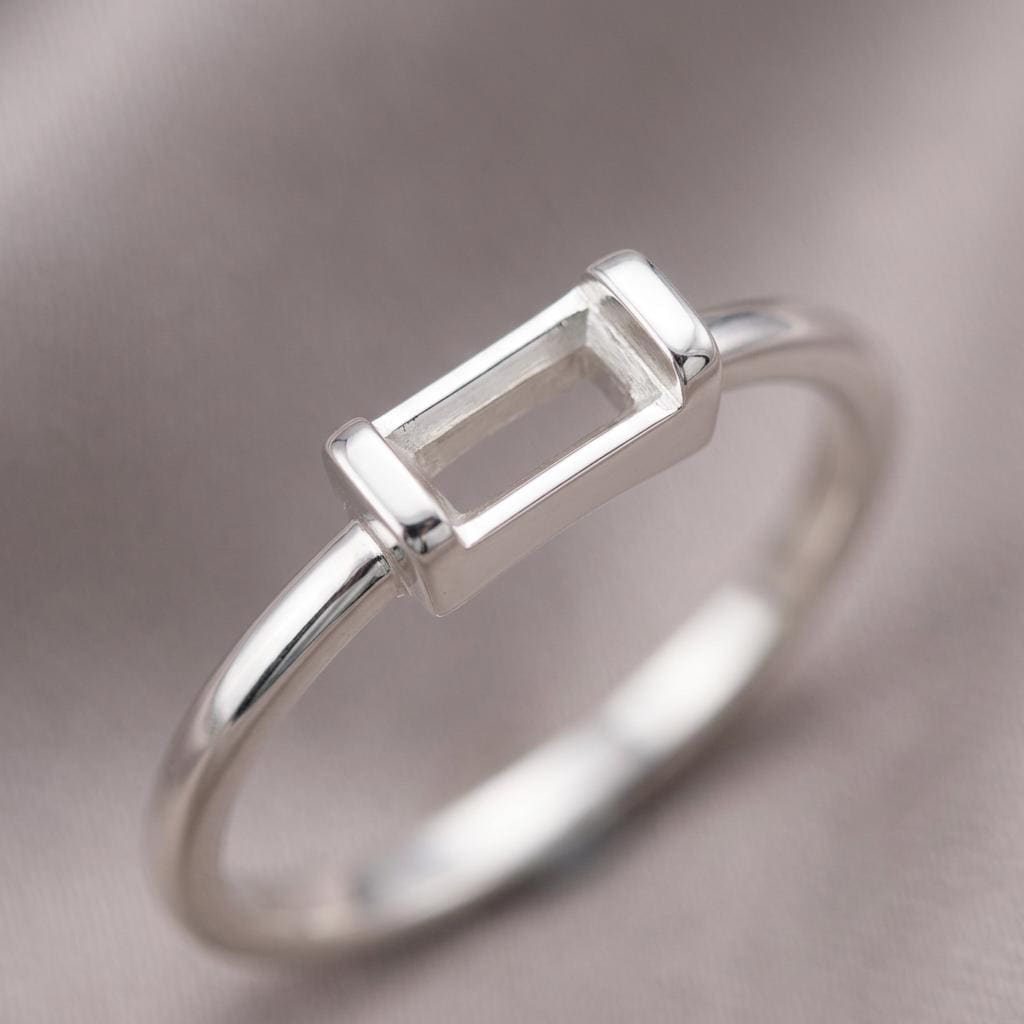 Custom Ring Base Baguette 4x2mm, 925 Silver Empty Bezel Setting Without Center Piece, Plain Band Semi Mount for Jewelers