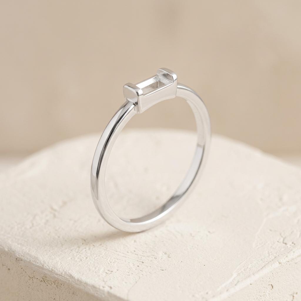Custom Ring Base Baguette 4x2mm, 925 Silver Empty Bezel Setting Without Center Piece, Plain Band Semi Mount for Jewelers