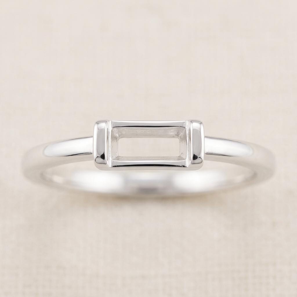 Custom Ring Base Baguette 4x2mm, 925 Silver Empty Bezel Setting Without Center Piece, Plain Band Semi Mount for Jewelers
