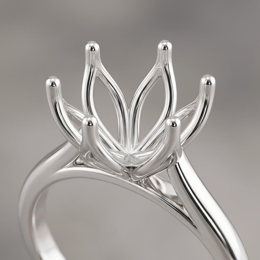 Lotus Ring Setting for 5 to 9mm Round Center, Unset Silver Ring Blank, Jeweler Semi Mount, 6 Prong Cathedral, Made to Order