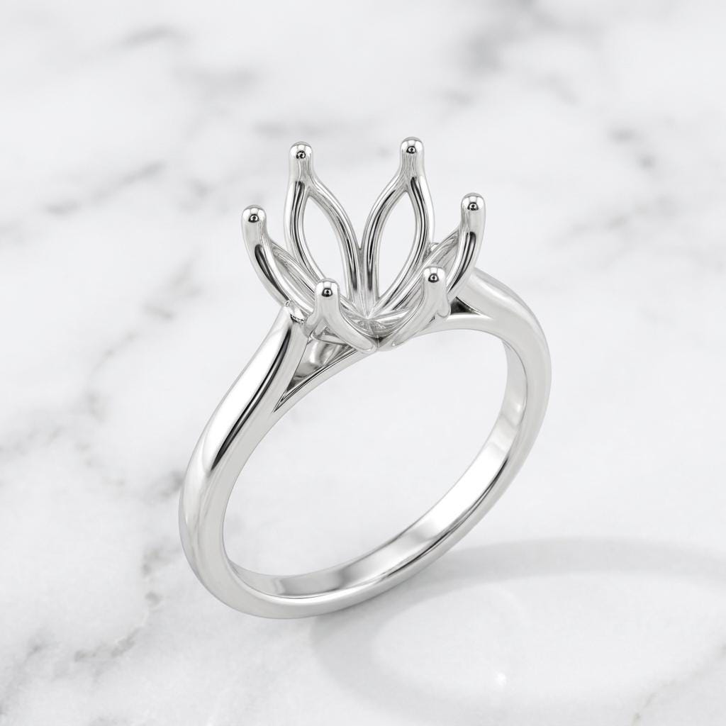 Lotus Ring Setting for 5 to 9mm Round Center, Unset Silver Ring Blank, Jeweler Semi Mount, 6 Prong Cathedral, Made to Order