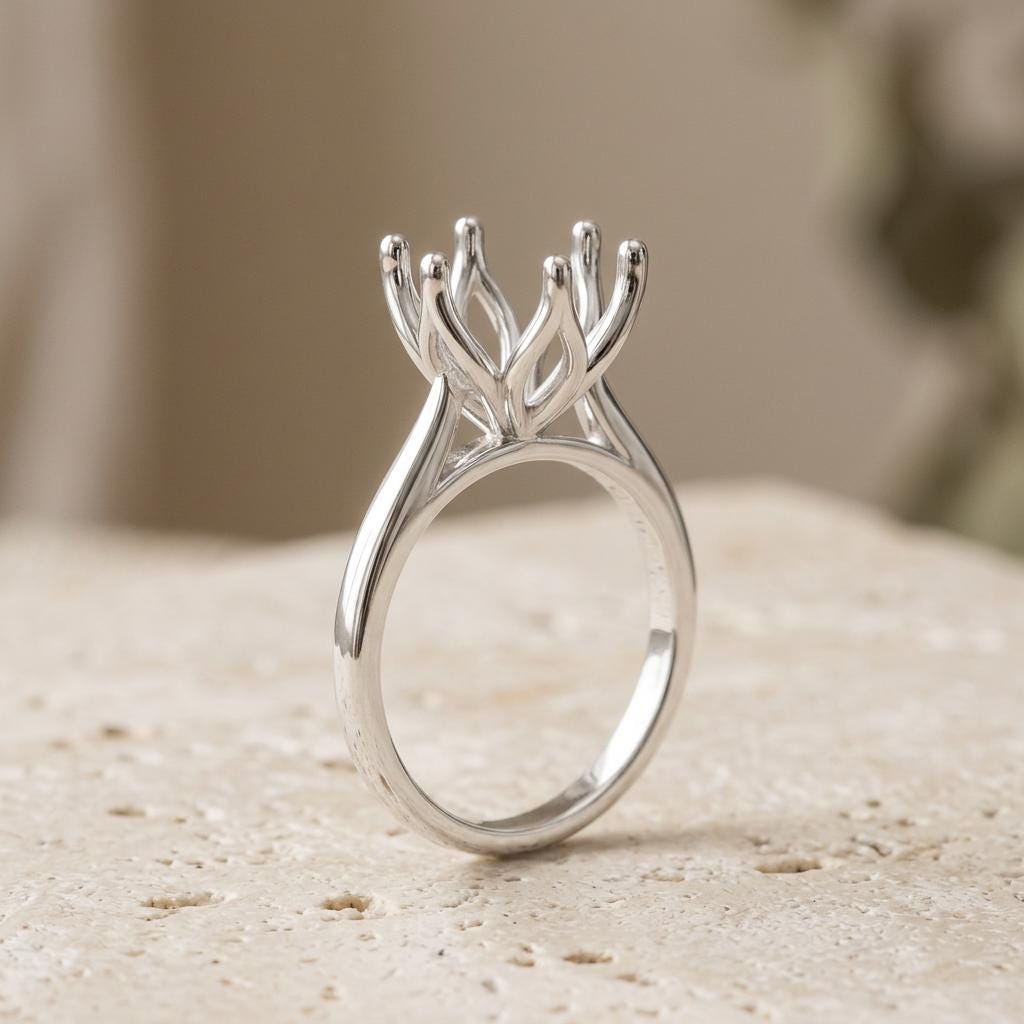 Lotus Ring Setting for 5 to 9mm Round Center, Unset Silver Ring Blank, Jeweler Semi Mount, 6 Prong Cathedral, Made to Order