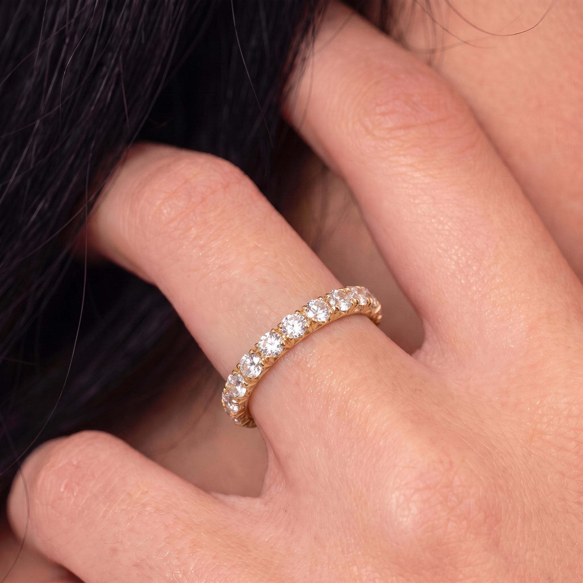 2.5mm French Pave Eternity Ring, 14K Gold Full Eternity Stackable Band, Anniversary Ring Gift for Her, Promise Ring