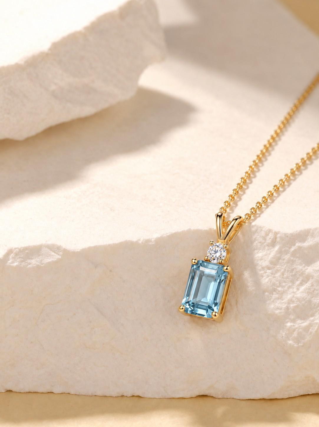 Aquamarine Pendant Necklace, March Birthstone Emerald Cut, Dainty Art Deco Solitaire, Mothers Day Gift, Birthday Present for Daughter