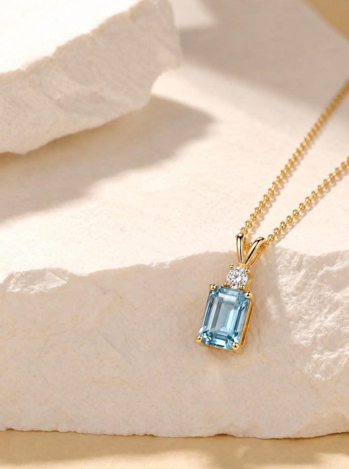 Aquamarine Pendant Necklace, March Birthstone Emerald Cut, Dainty Art Deco Solitaire, Mothers Day Gift, Birthday Present for Daughter