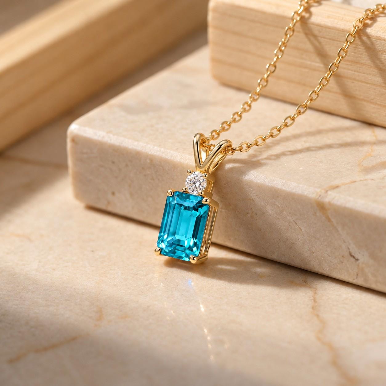 Blue Topaz Necklace, December Birthstone Pendant, Emerald Cut Art Deco Solitaire, Christmas Gift for Wife, Holiday Present, Birthday Gift