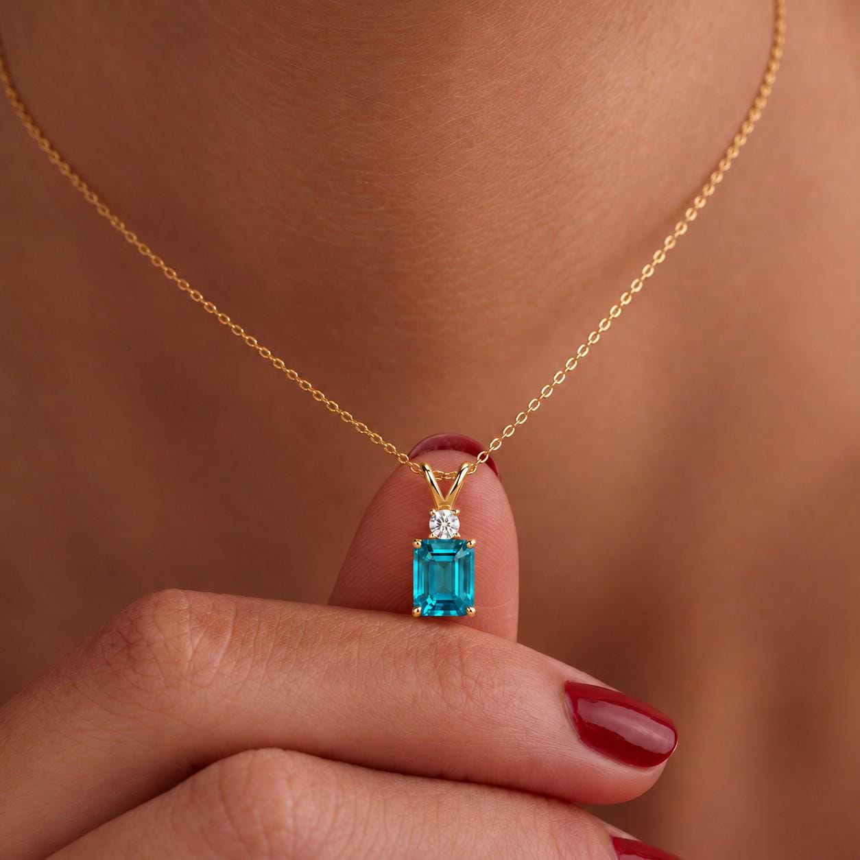 Blue Topaz Necklace, December Birthstone Pendant, Emerald Cut Art Deco Solitaire, Christmas Gift for Wife, Holiday Present, Birthday Gift