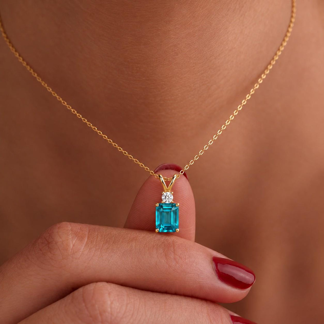 Blue Topaz Necklace, December Birthstone Pendant, Emerald Cut Art Deco Solitaire, Christmas Gift for Wife, Holiday Present, Birthday Gift