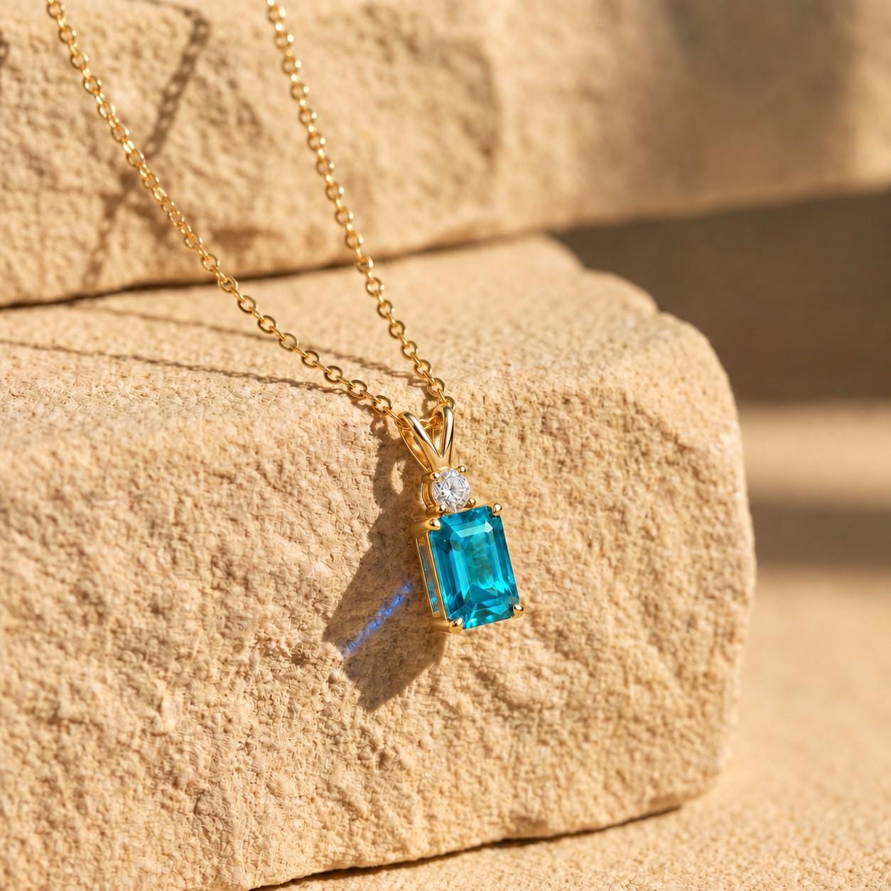 Blue Topaz Necklace, December Birthstone Pendant, Emerald Cut Art Deco Solitaire, Christmas Gift for Wife, Holiday Present, Birthday Gift