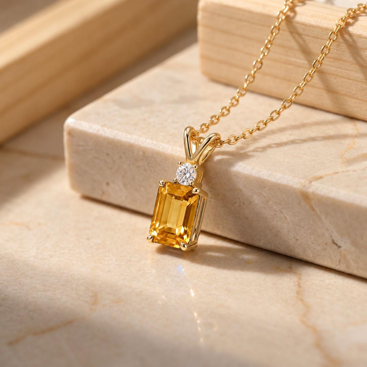 Citrine Pendant, November Birthstone Necklace, Emerald Cut Yellow Stone Solitaire, Art Deco, Thanksgiving Present, Christmas Gift for Her