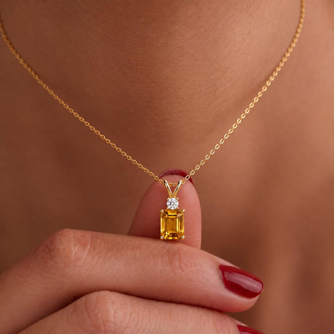 Citrine Pendant, November Birthstone Necklace, Emerald Cut Yellow Stone Solitaire, Art Deco, Thanksgiving Present, Christmas Gift for Her