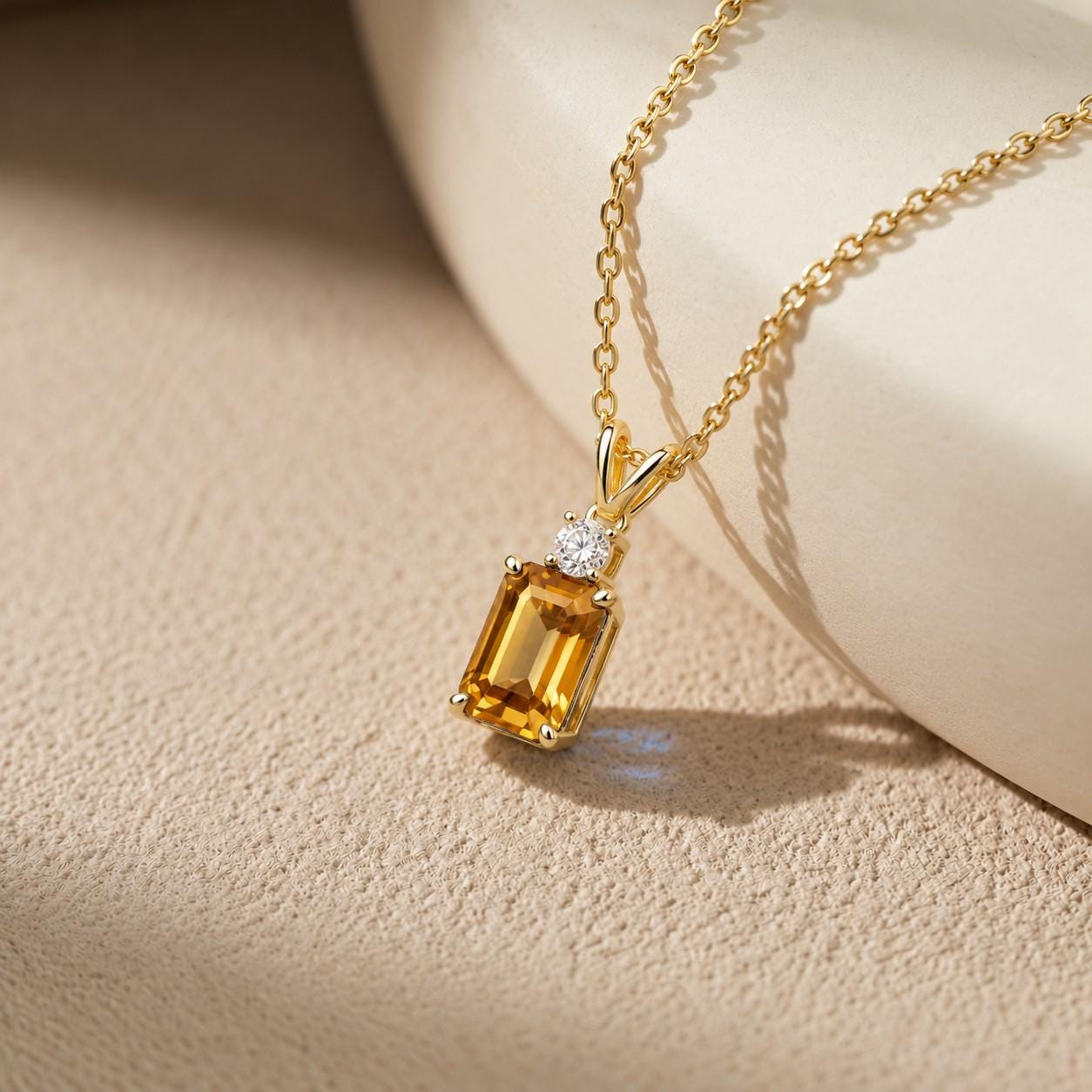 Citrine Pendant, November Birthstone Necklace, Emerald Cut Yellow Stone Solitaire, Art Deco, Thanksgiving Present, Christmas Gift for Her