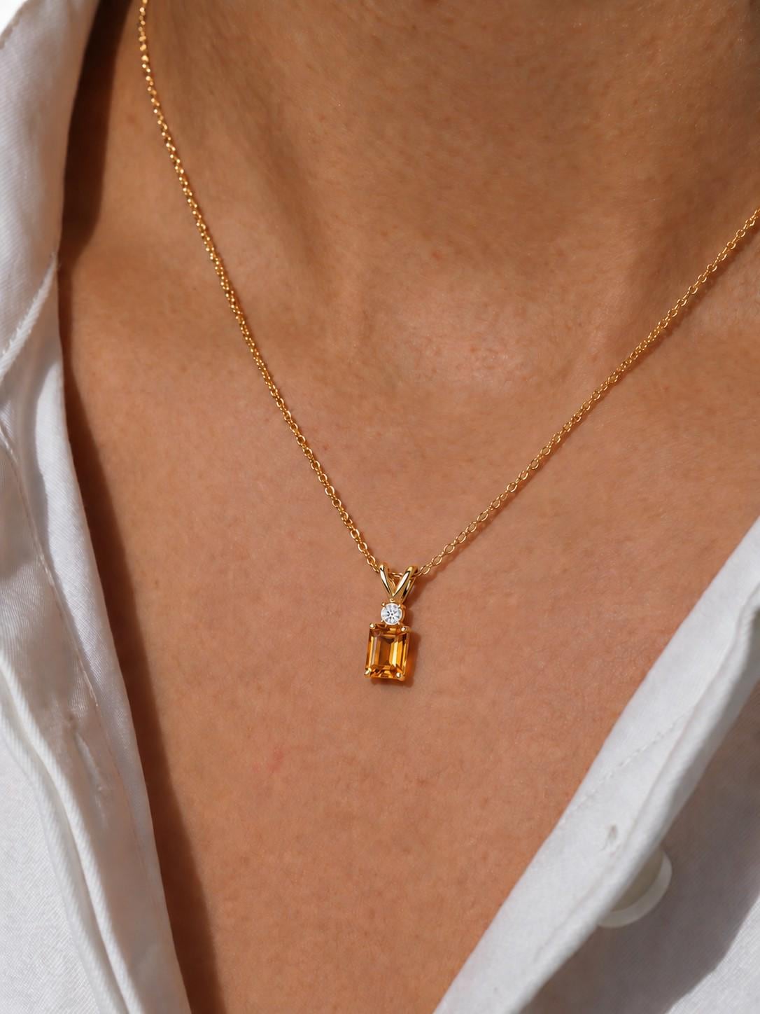 Citrine Pendant, November Birthstone Necklace, Emerald Cut Yellow Stone Solitaire, Art Deco, Thanksgiving Present, Christmas Gift for Her