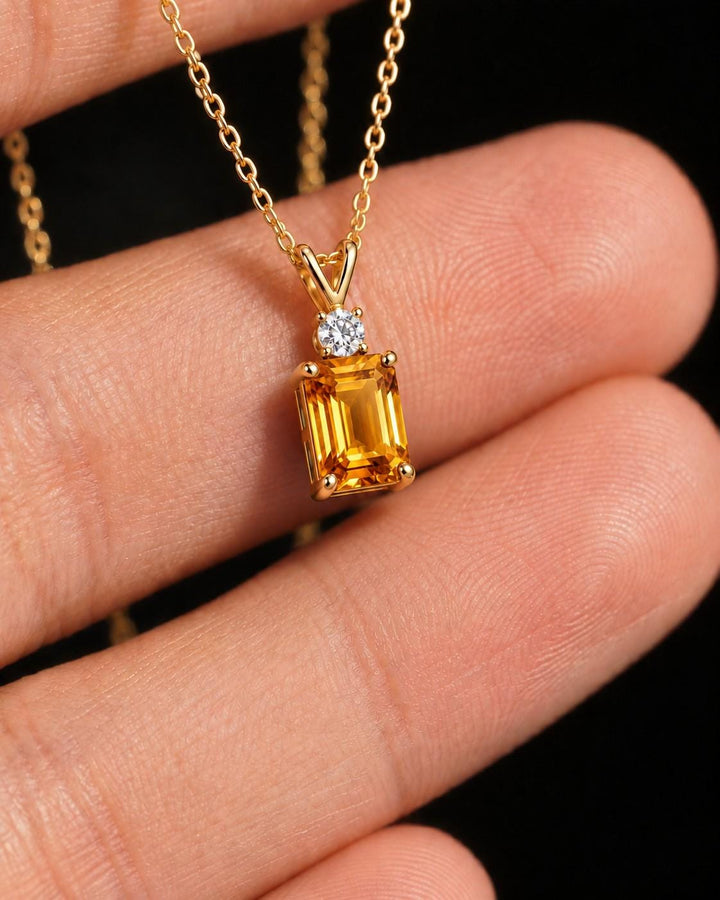 Citrine Pendant, November Birthstone Necklace, Emerald Cut Yellow Stone Solitaire, Art Deco, Thanksgiving Present, Christmas Gift for Her