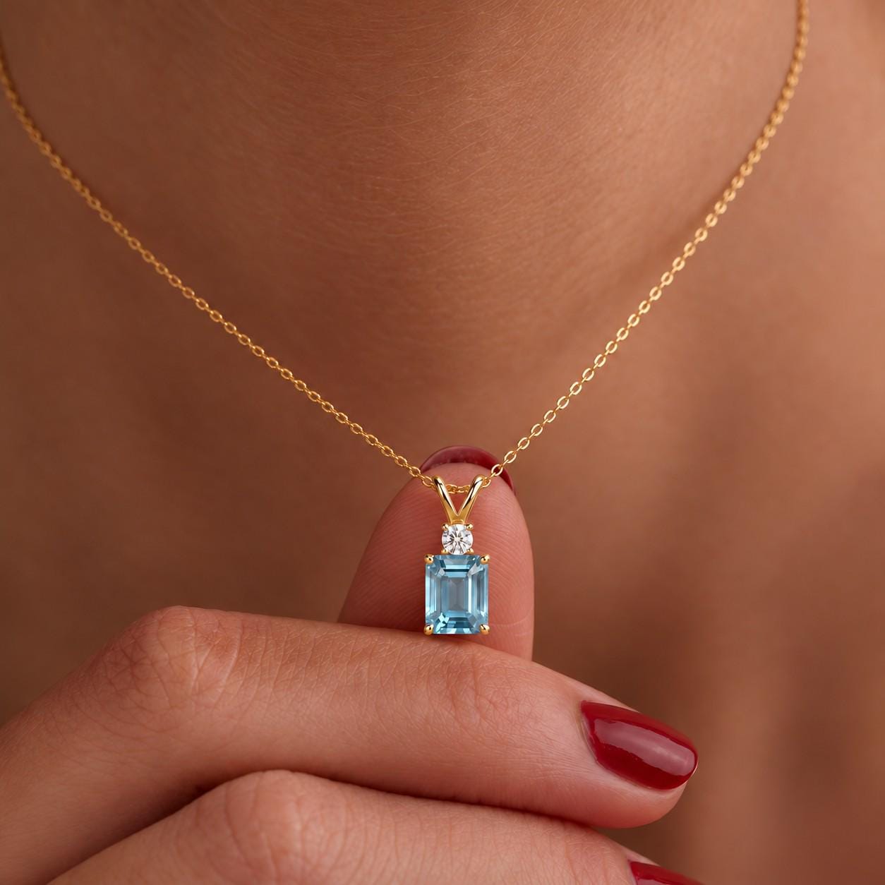 Aquamarine Pendant Necklace, March Birthstone Emerald Cut, Dainty Art Deco Solitaire, Mothers Day Gift, Birthday Present for Daughter