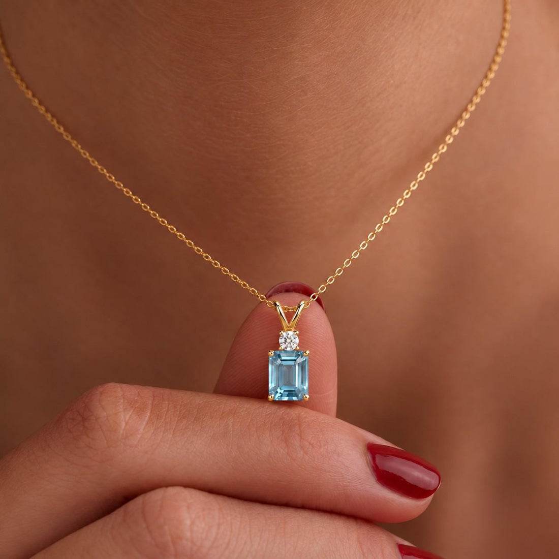 Aquamarine Pendant Necklace, March Birthstone Emerald Cut, Dainty Art Deco Solitaire, Mothers Day Gift, Birthday Present for Daughter