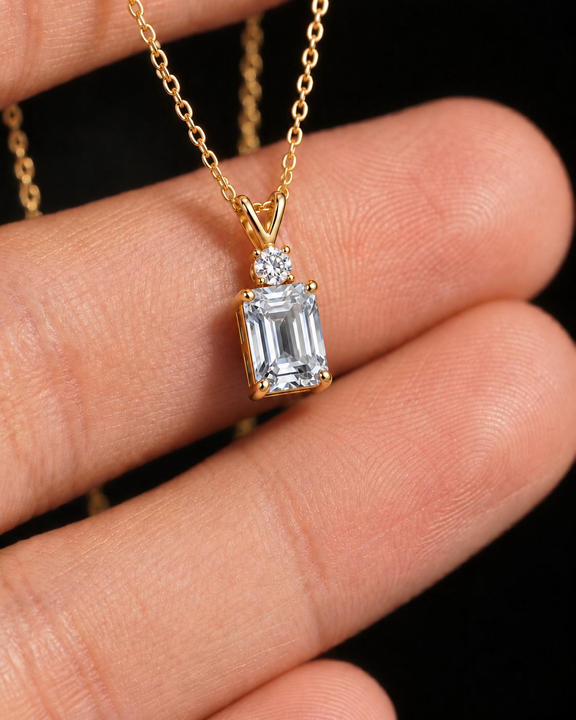 Moissanite Pendant Necklace, April Birthstone Emerald Cut Solitaire, Art Deco Jewelry, Bridesmaid Gift, Wedding Day Present for Her