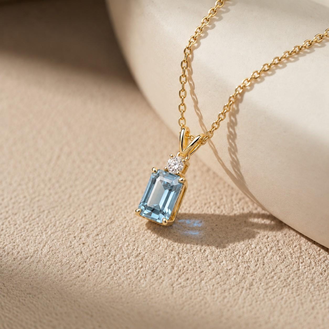 Aquamarine Pendant Necklace, March Birthstone Emerald Cut, Dainty Art Deco Solitaire, Mothers Day Gift, Birthday Present for Daughter