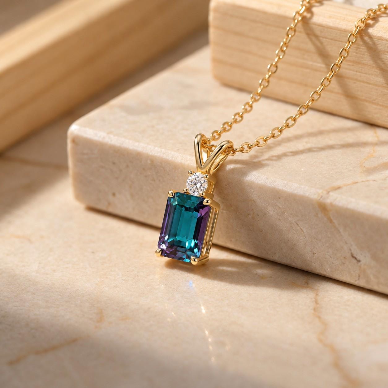 Alexandrite Necklace, June Birthstone Gift, Emerald Cut Art Deco Pendant, Anniversary Gift for Wife, Graduation Present