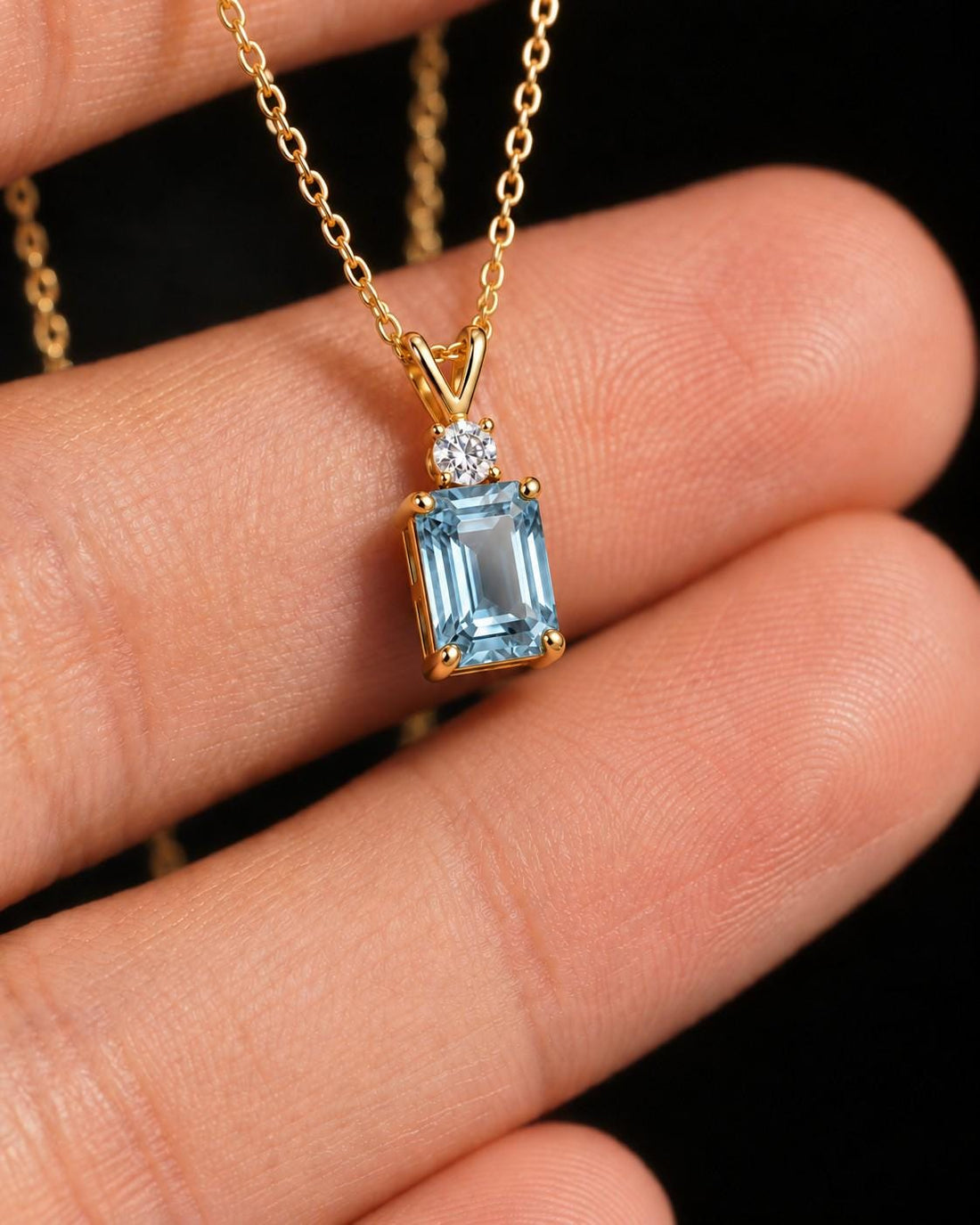 Aquamarine Pendant Necklace, March Birthstone Emerald Cut, Dainty Art Deco Solitaire, Mothers Day Gift, Birthday Present for Daughter