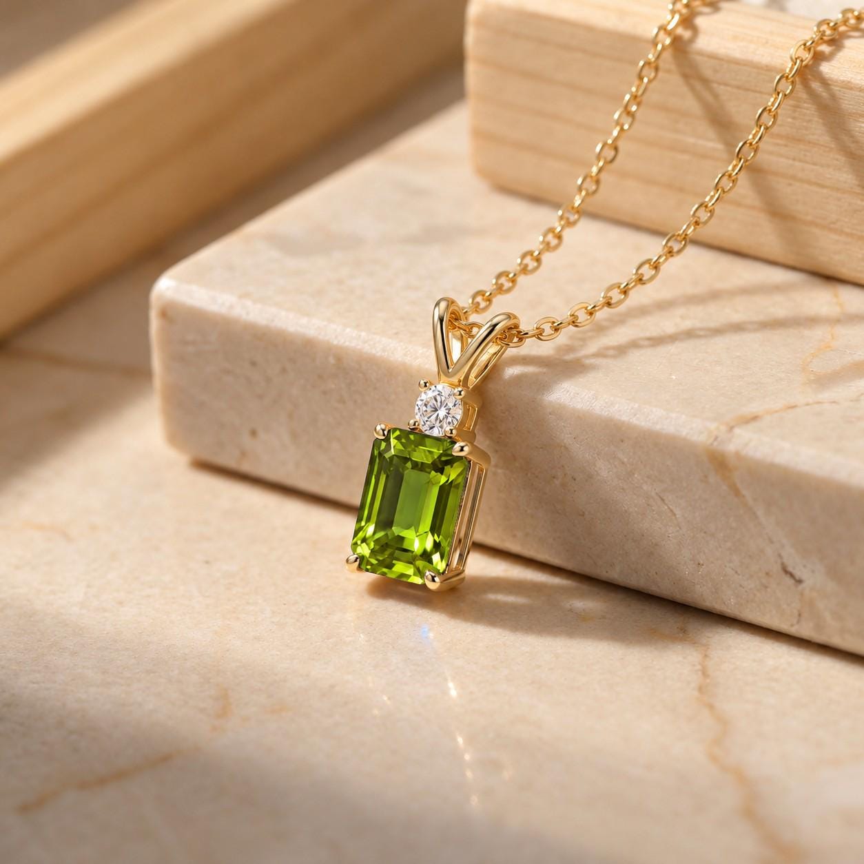 August Birthstone Peridot Pendant, Emerald Cut Green Necklace, Art Deco Solitaire, Gift for Sister, Best Friend Birthday Present
