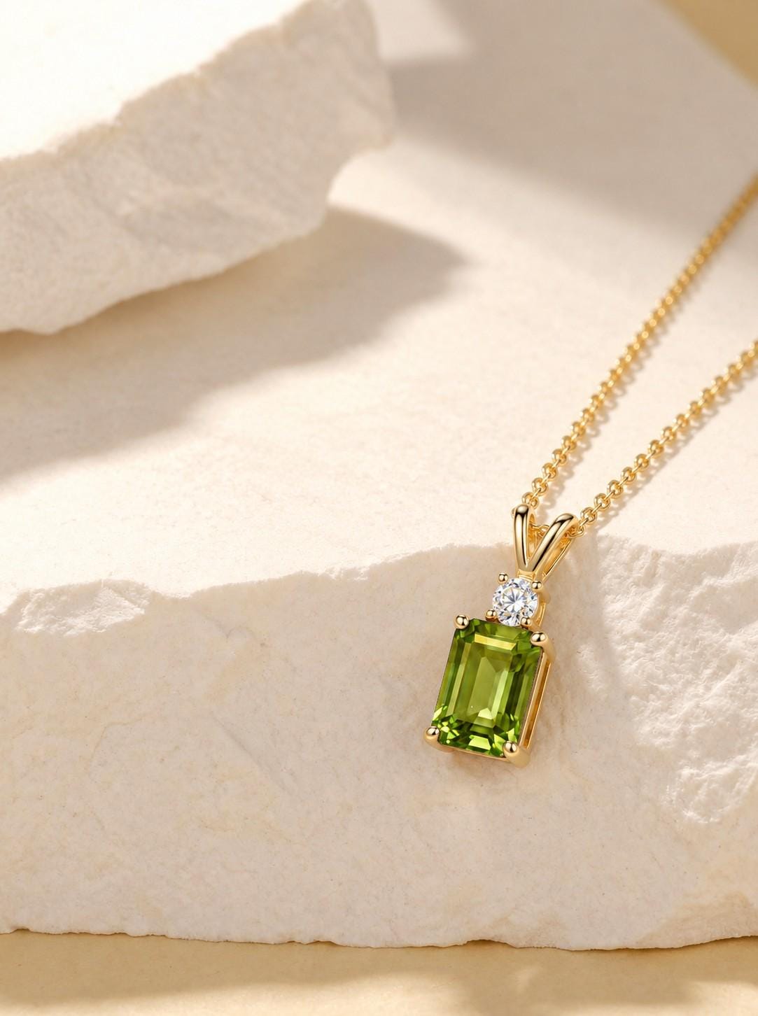 August Birthstone Peridot Pendant, Emerald Cut Green Necklace, Art Deco Solitaire, Gift for Sister, Best Friend Birthday Present