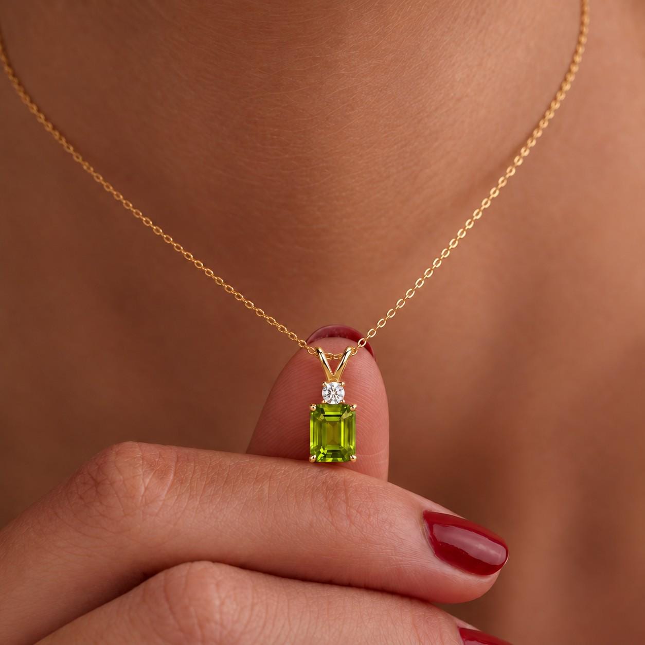 August Birthstone Peridot Pendant, Emerald Cut Green Necklace, Art Deco Solitaire, Gift for Sister, Best Friend Birthday Present