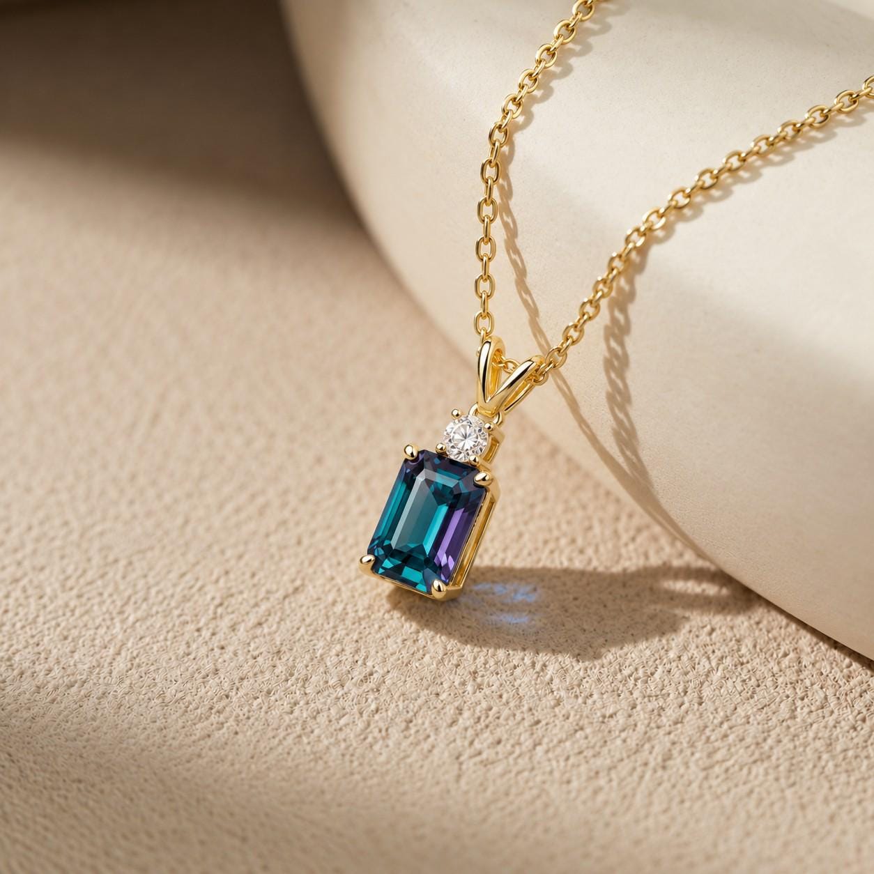 Alexandrite Necklace, June Birthstone Gift, Emerald Cut Art Deco Pendant, Anniversary Gift for Wife, Graduation Present