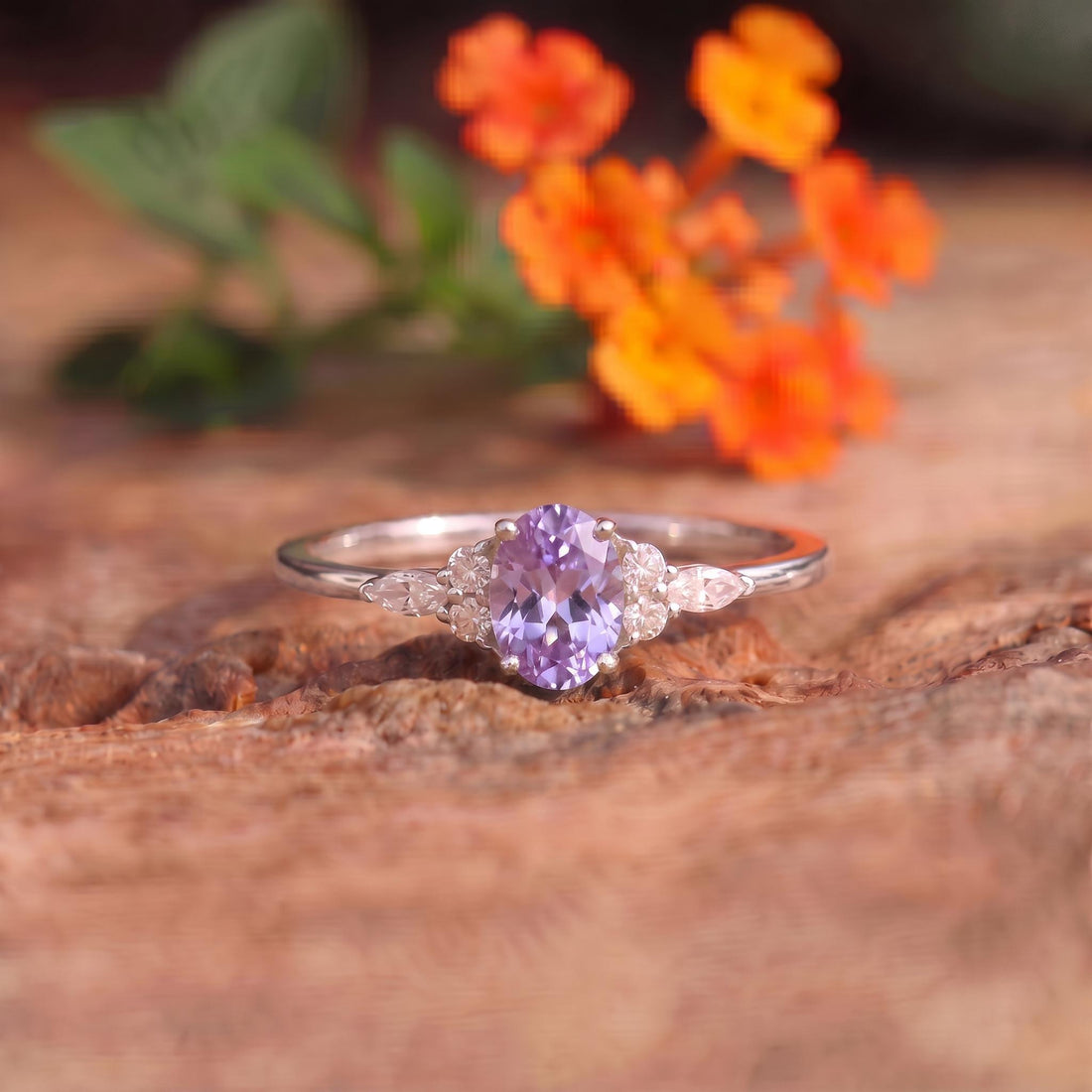 Lavender Oval Gemstone Ring, Dainty Cluster Engagement Ring, Marquise Diamond Accents, Promise Ring, Anniversary Gift for Her
