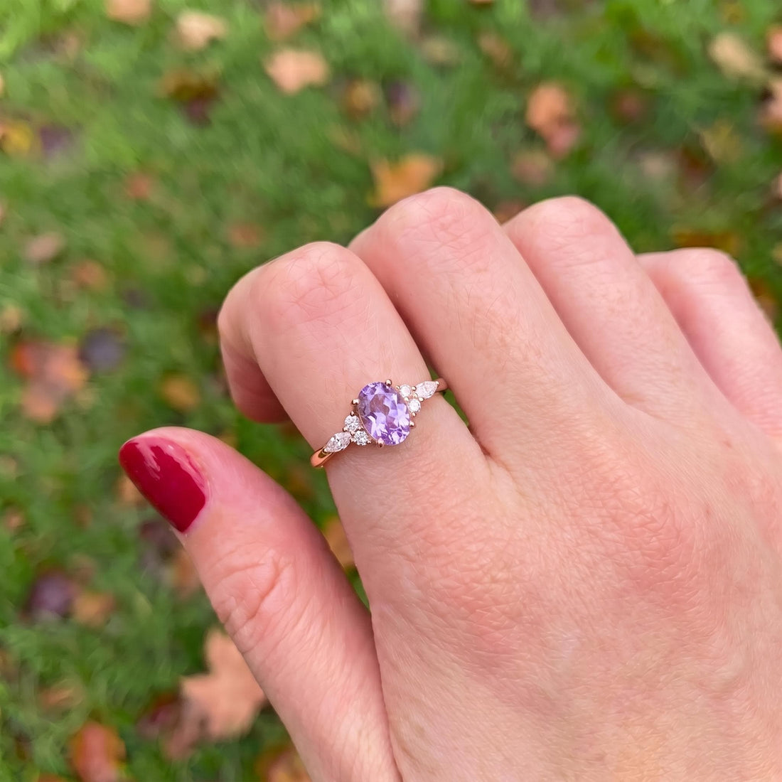 Lavender Oval Gemstone Ring, Dainty Cluster Engagement Ring, Marquise Diamond Accents, Promise Ring, Anniversary Gift for Her