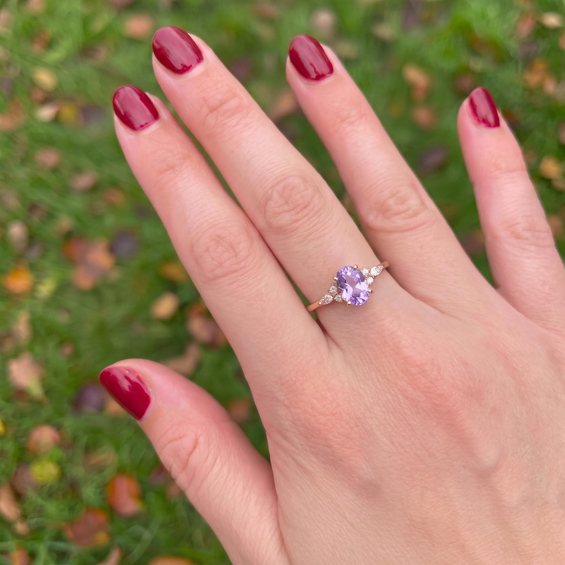 Lavender Oval Gemstone Ring, Dainty Cluster Engagement Ring, Marquise Diamond Accents, Promise Ring, Anniversary Gift for Her