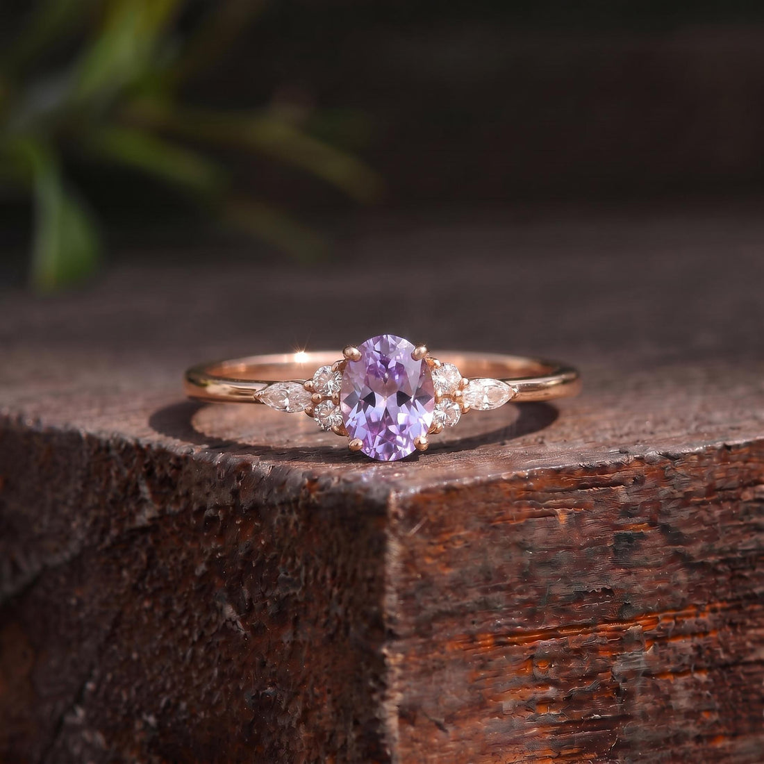 Lavender Oval Gemstone Ring, Dainty Cluster Engagement Ring, Marquise Diamond Accents, Promise Ring, Anniversary Gift for Her