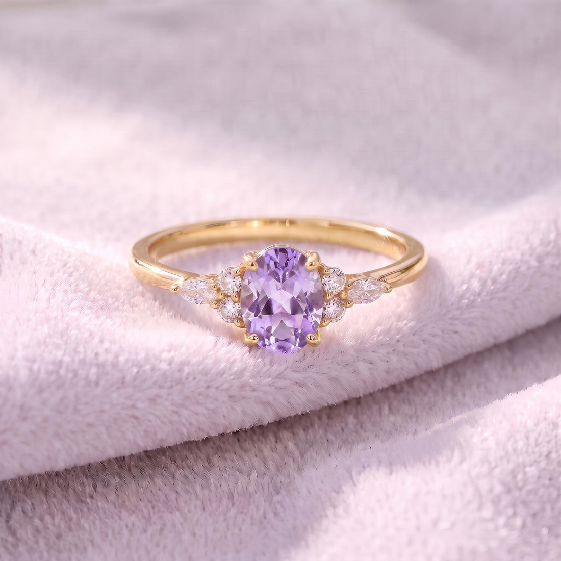 Lavender Oval Gemstone Ring, Dainty Cluster Engagement Ring, Marquise Diamond Accents, Promise Ring, Anniversary Gift for Her