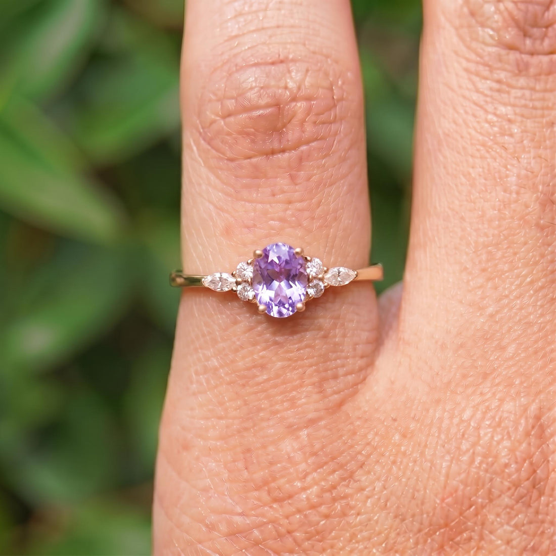 Lavender Oval Gemstone Ring, Dainty Cluster Engagement Ring, Marquise Diamond Accents, Promise Ring, Anniversary Gift for Her