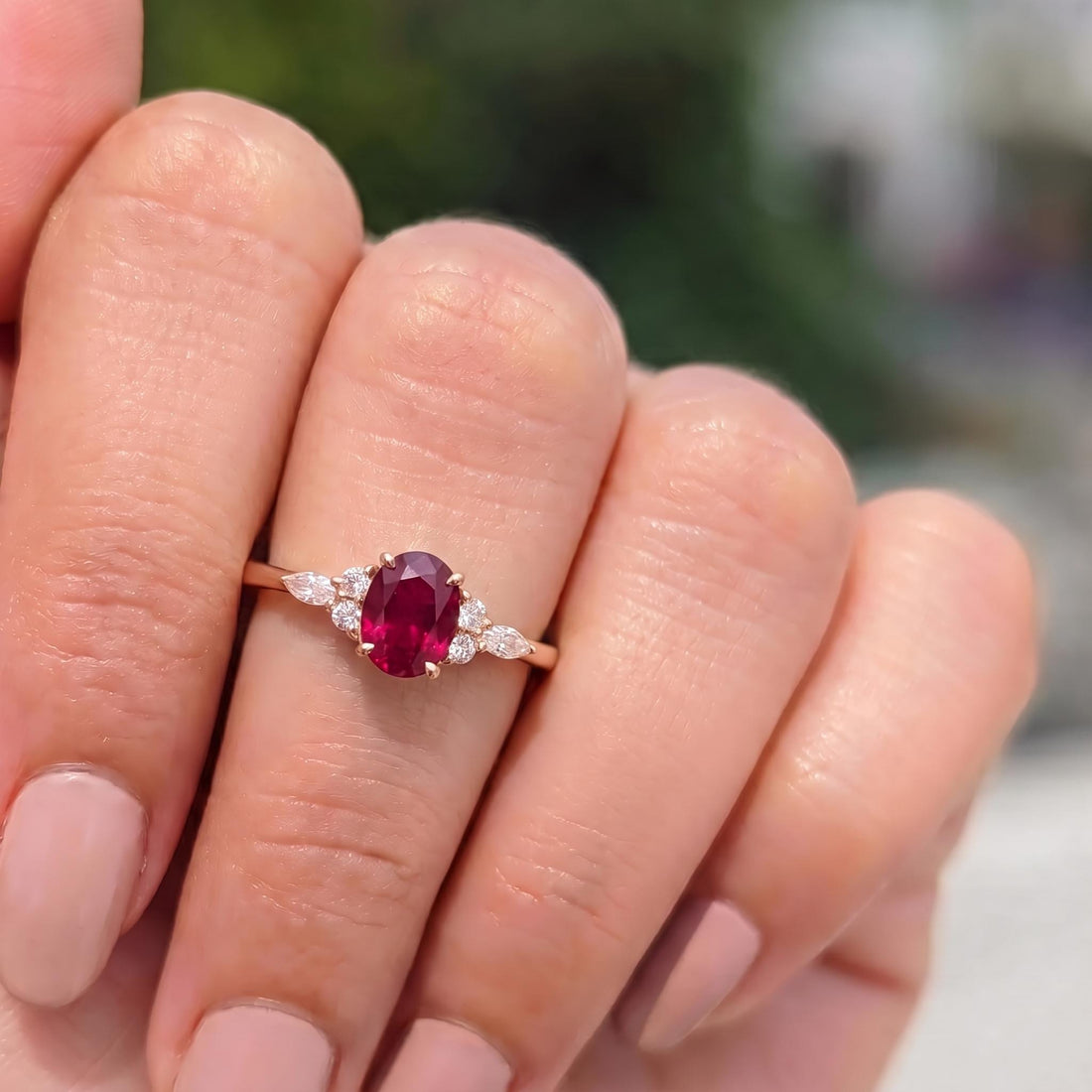 Ruby & Diamond Engagement Ring | Oval Red Gemstone Cluster Ring | Delicate Anniversary Ring Gift for Her