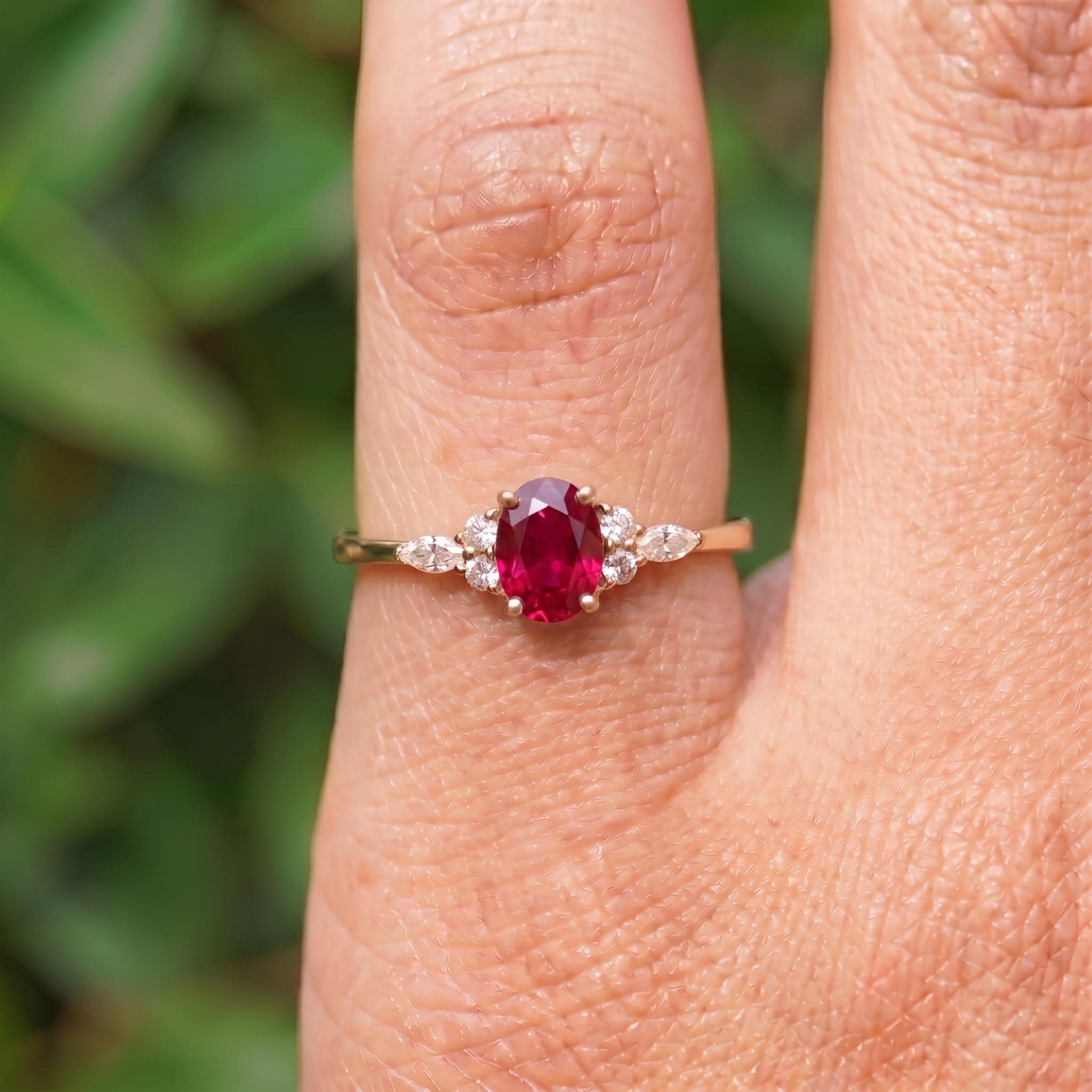Ruby & Diamond Engagement Ring | Oval Red Gemstone Cluster Ring | Delicate Anniversary Ring Gift for Her