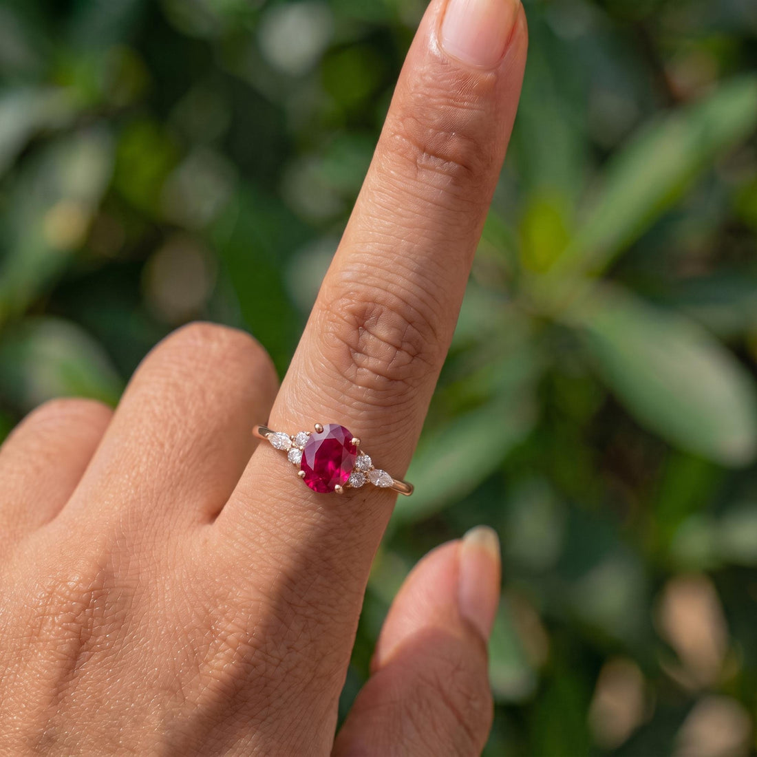 Ruby & Diamond Engagement Ring | Oval Red Gemstone Cluster Ring | Delicate Anniversary Ring Gift for Her