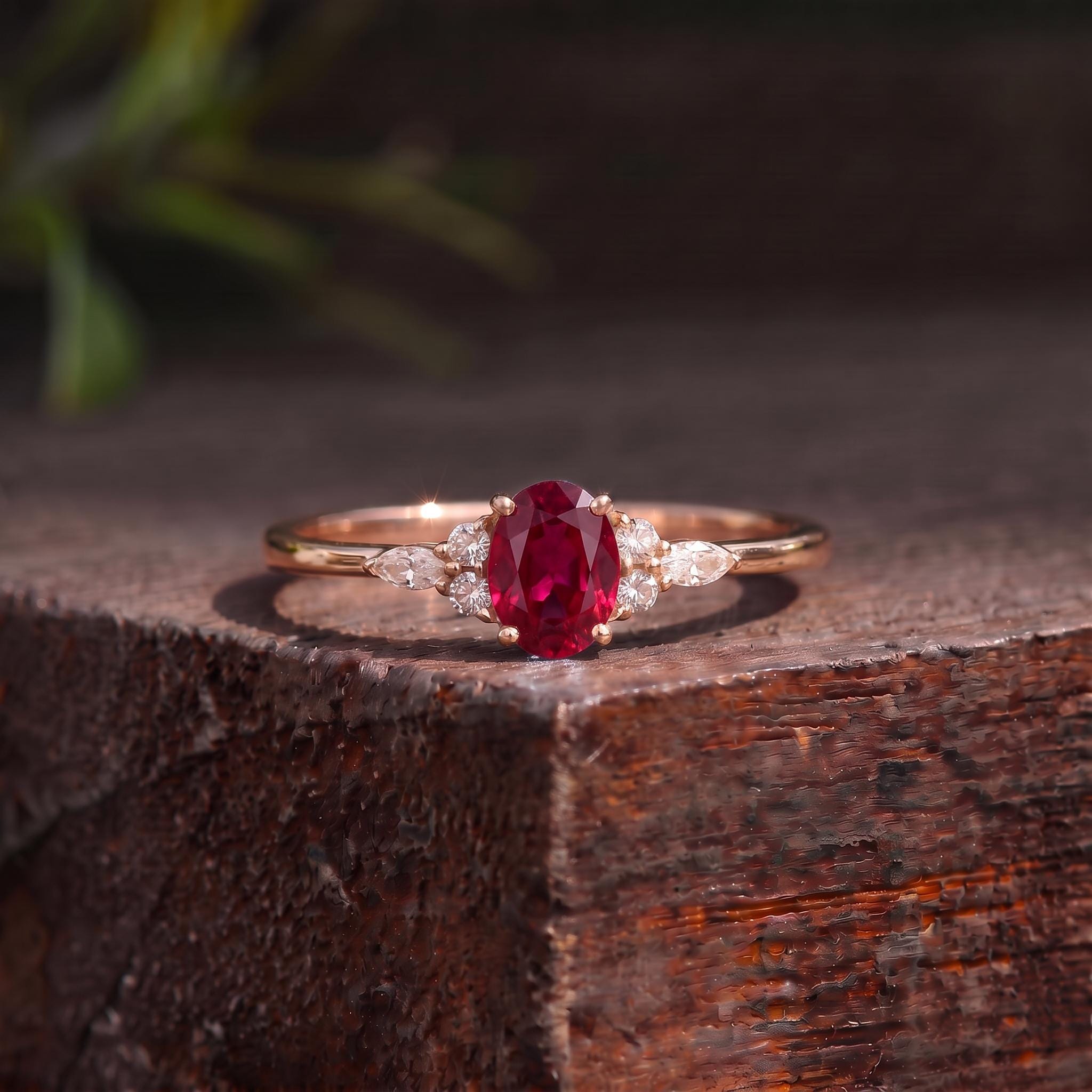 Ruby & Diamond Engagement Ring | Oval Red Gemstone Cluster Ring | Delicate Anniversary Ring Gift for Her