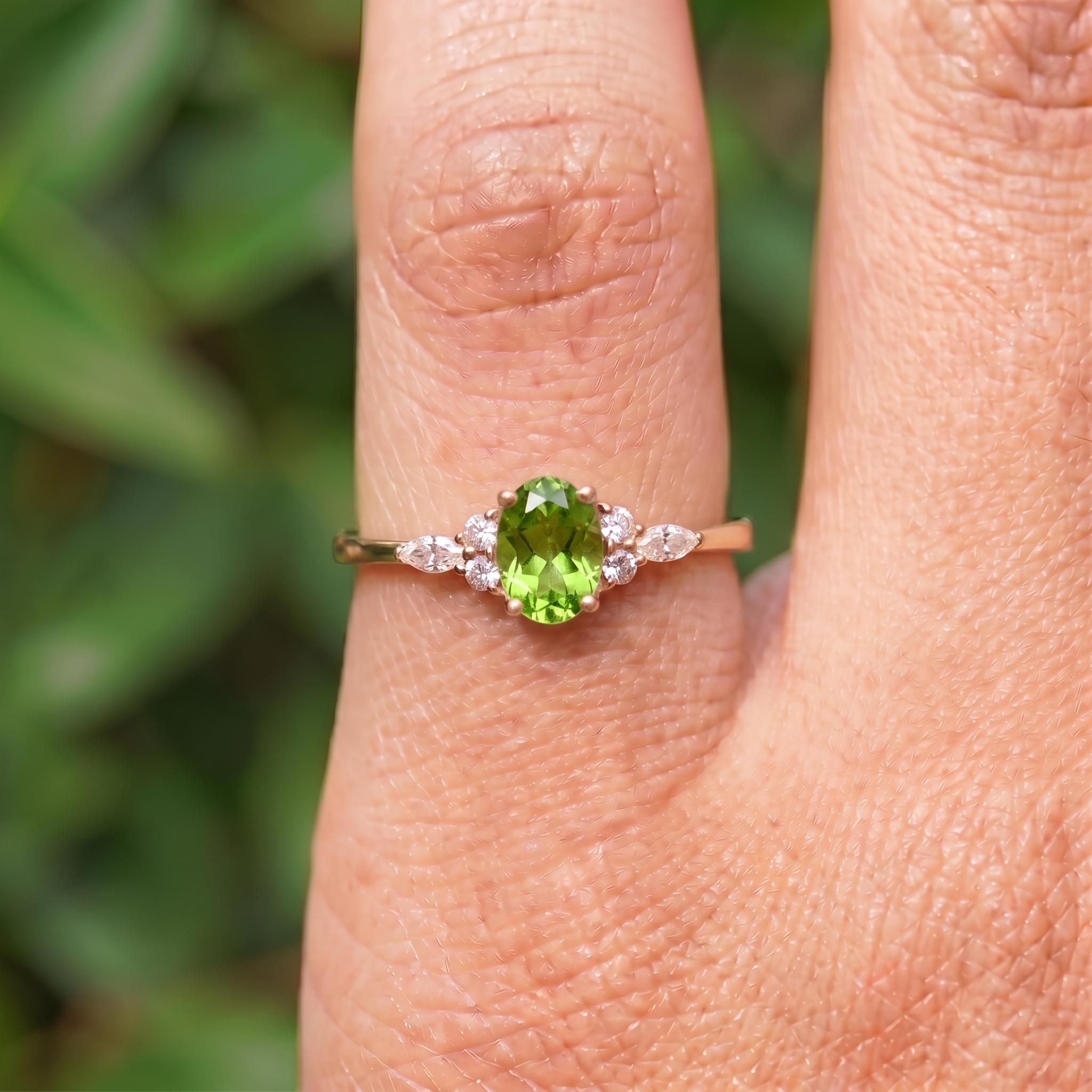 Vibrant Peridot & Diamond Cluster Ring | 14K Gold Delicate Oval Gemstone Ring | August Birthstone Gift for Her | Engagement Promise Ring