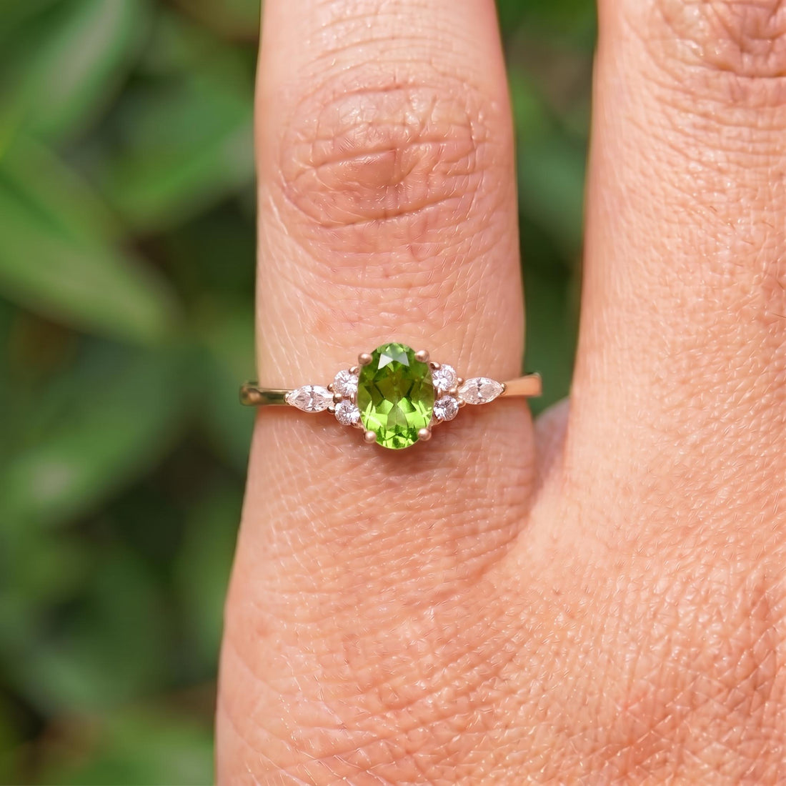 Vibrant Peridot & Diamond Cluster Ring | 14K Gold Delicate Oval Gemstone Ring | August Birthstone Gift for Her | Engagement Promise Ring