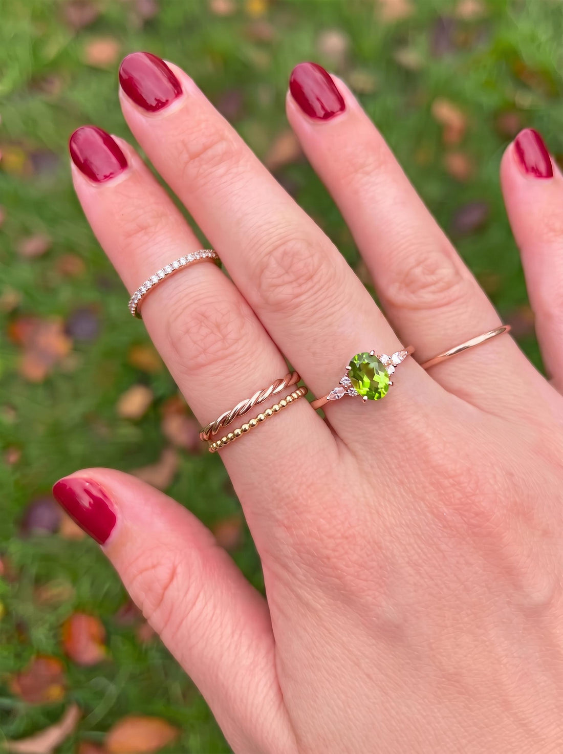 Vibrant Peridot & Diamond Cluster Ring | 14K Gold Delicate Oval Gemstone Ring | August Birthstone Gift for Her | Engagement Promise Ring